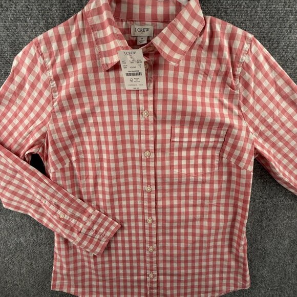 NWT J Crew Women Pink Check Button Up Shirt Long Sleeve Small Cotton Blend Adult - Picture 1 of 14
